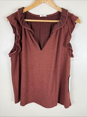 dylan Rust Ruffle V-Neck Sleeveless Knit Top. Small